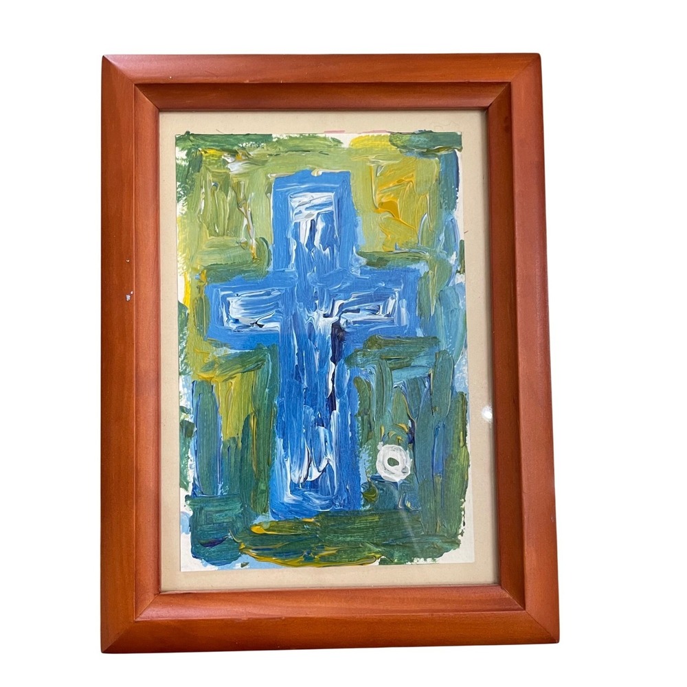 Abstract Blue Cross Oil Painting Framed Religious Wall Art Impasto 6x8 Decor